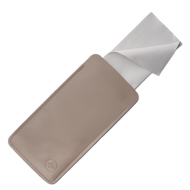 
Taupe vegan leather eyeglass case with a white cleaning cloth partially pulled out.