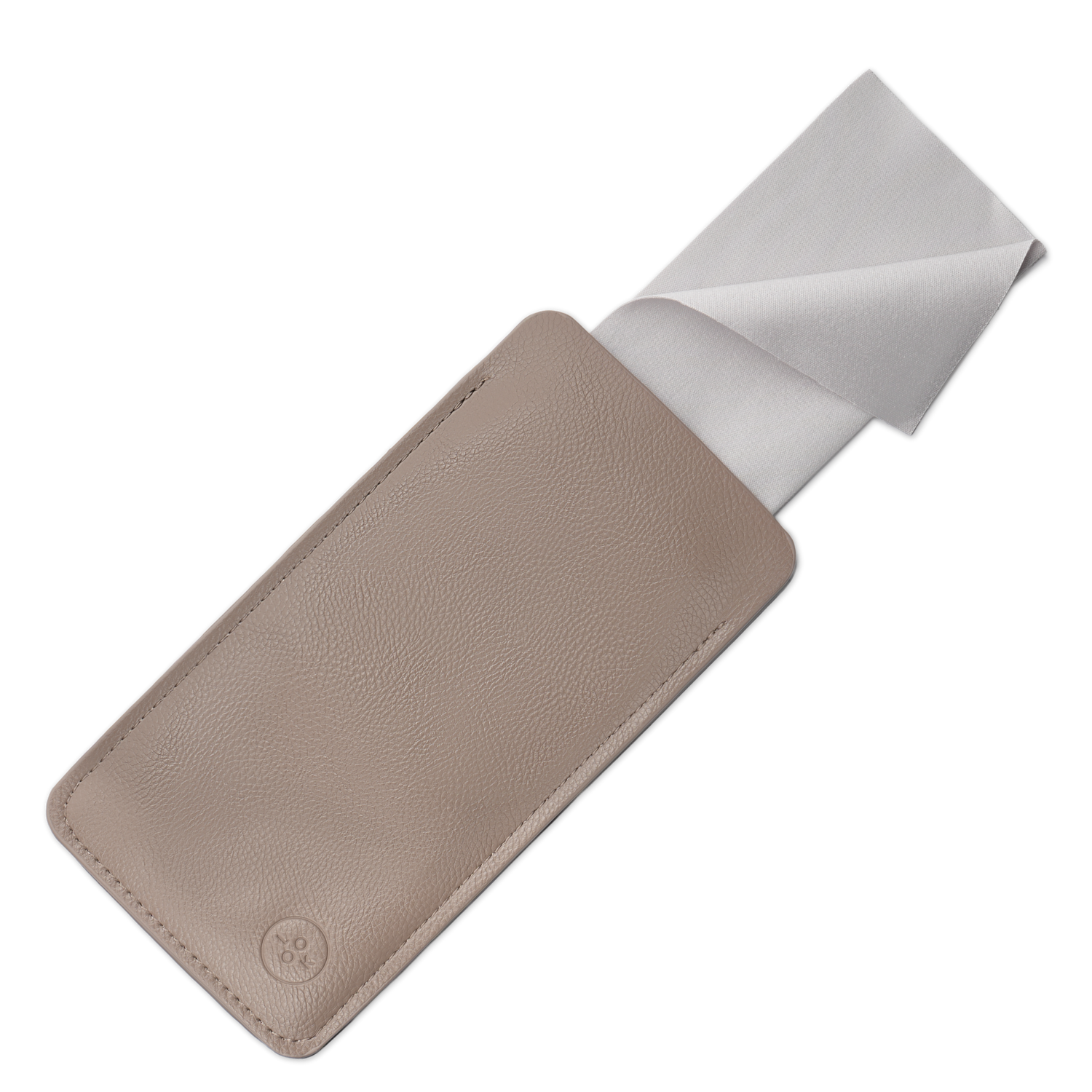 
Taupe vegan leather eyeglass case with a white cleaning cloth partially pulled out.