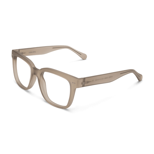 LA40PTPE10, LA40PTPE15, LA40PTPE20, LA40PTPE25, LA40PTPE30 - Square taupe eyeglass frames with a translucent finish and clear lenses.
